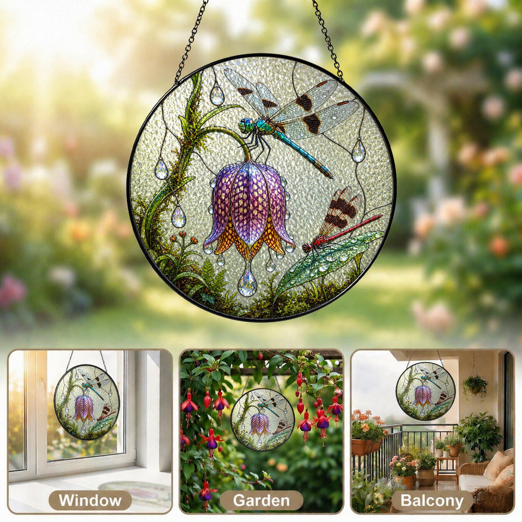 Dragonflies & Fritillary Bloom Stained Glass Suncatcher