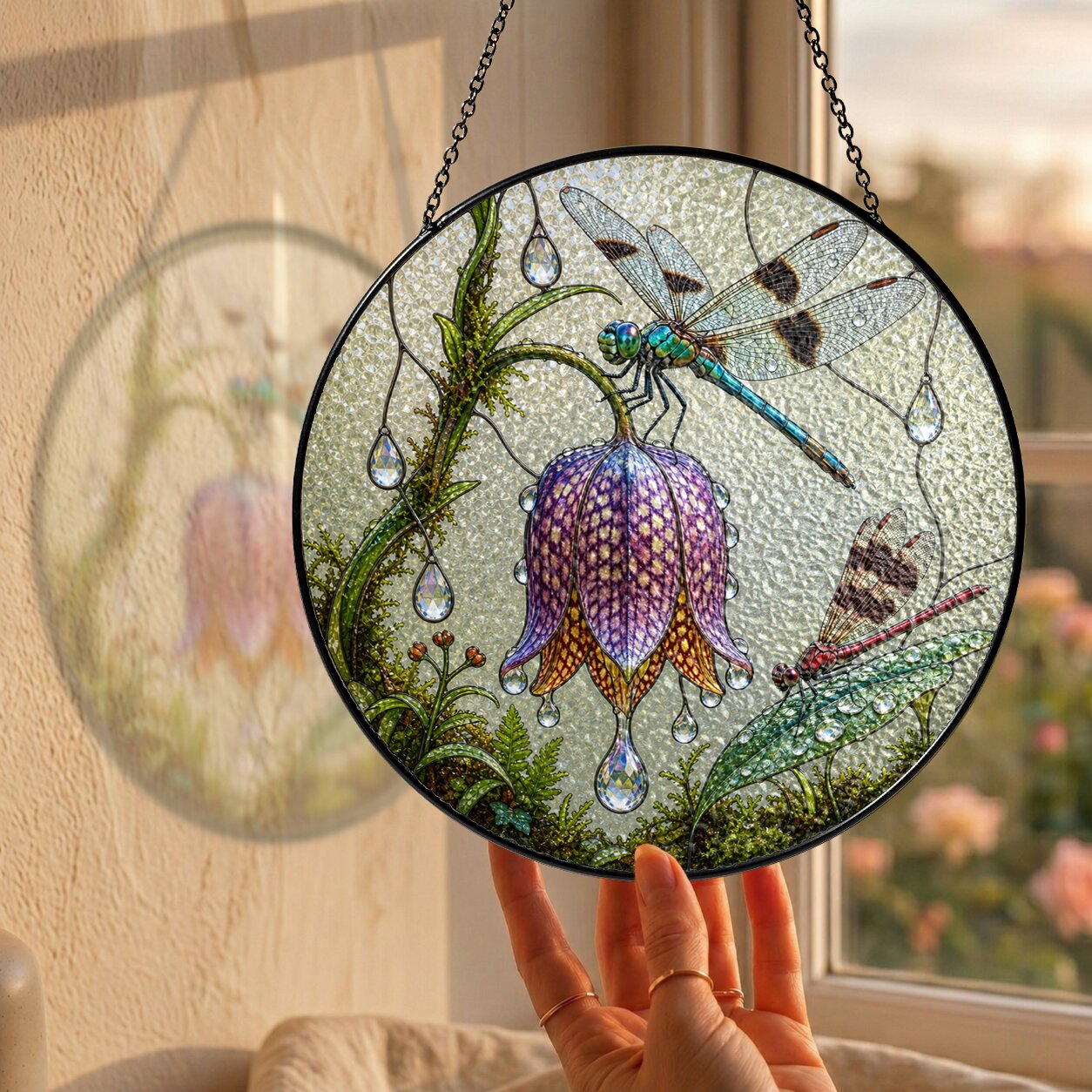Dragonflies & Fritillary Bloom Stained Glass Suncatcher