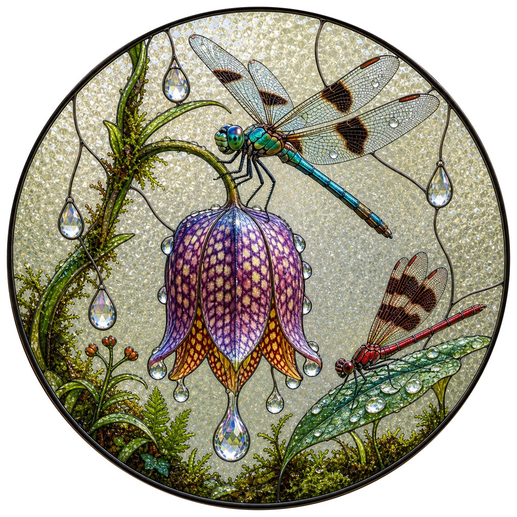 Dragonflies & Fritillary Bloom Stained Glass Suncatcher