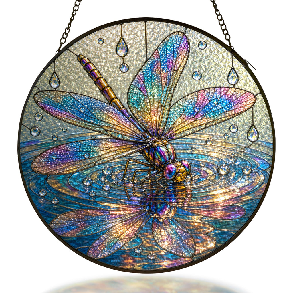 Iridescent Dragonfly on Water Stained Glass Suncatcher