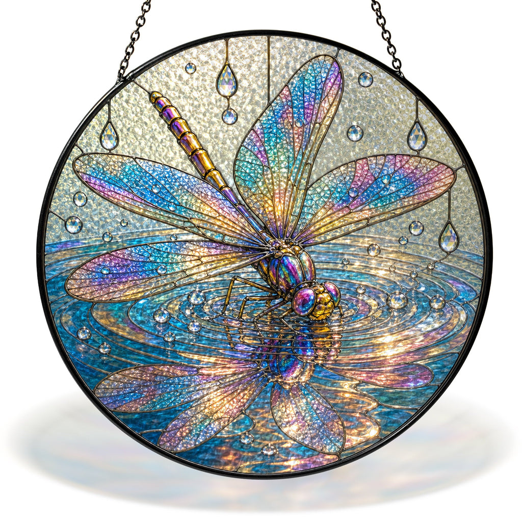 Iridescent Dragonfly on Water Stained Glass Suncatcher