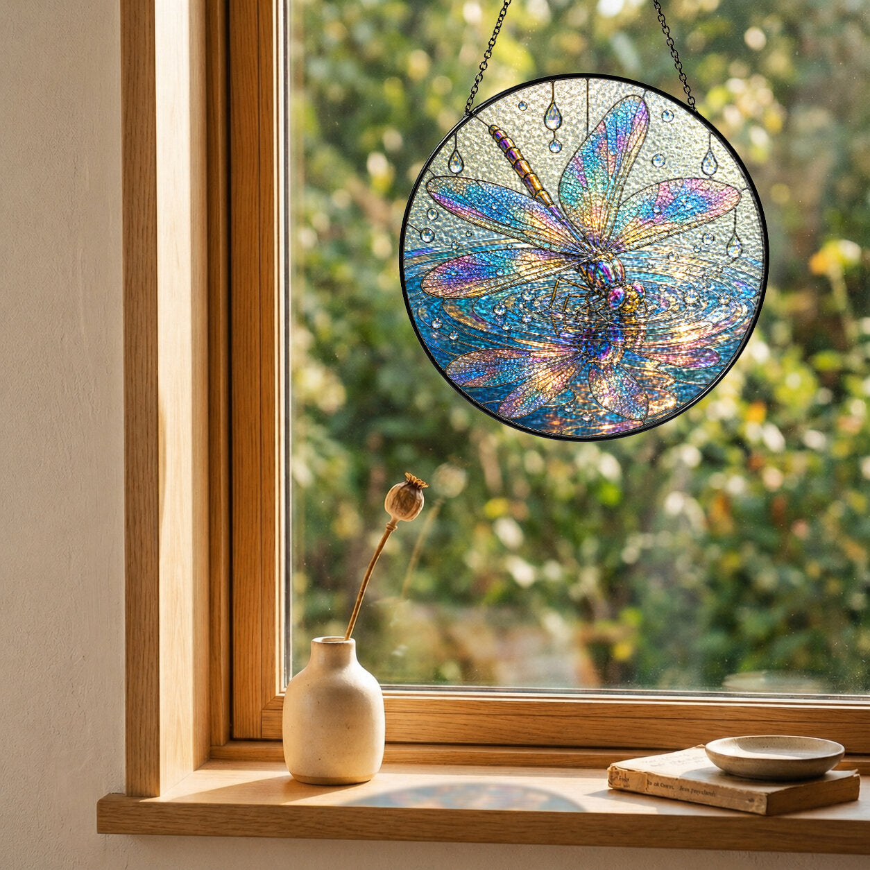 Iridescent Dragonfly on Water Stained Glass Suncatcher