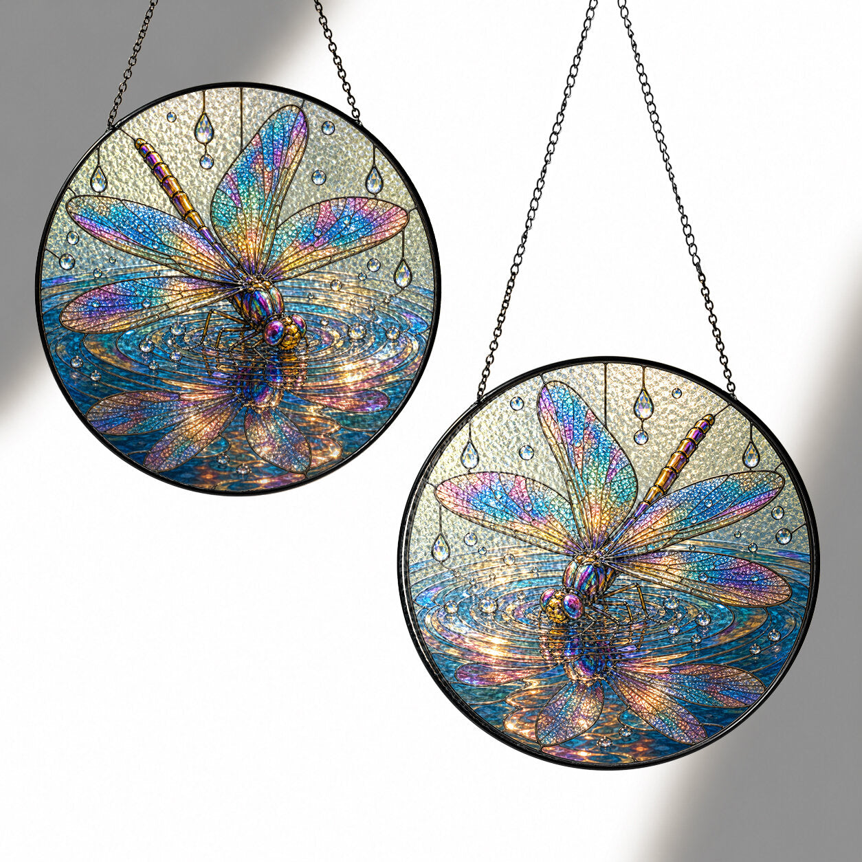 Iridescent Dragonfly on Water Stained Glass Suncatcher