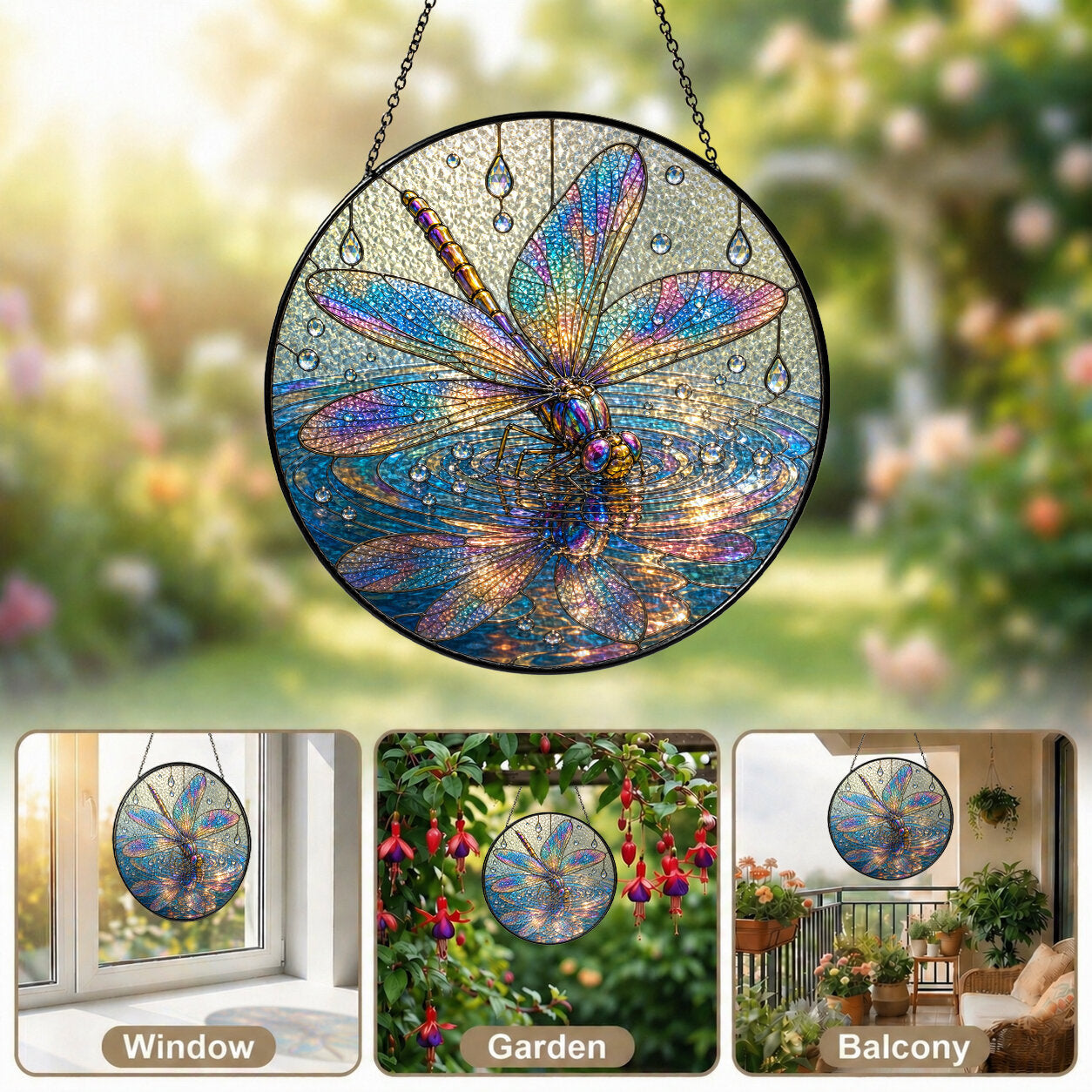 Iridescent Dragonfly on Water Stained Glass Suncatcher