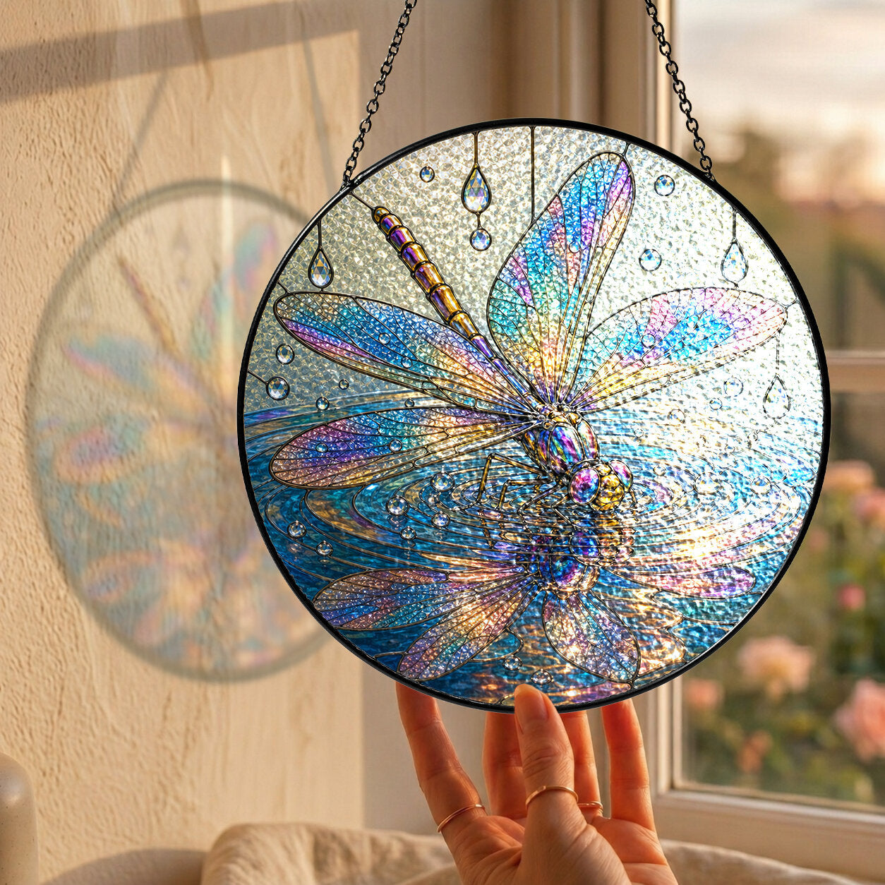 Iridescent Dragonfly on Water Stained Glass Suncatcher