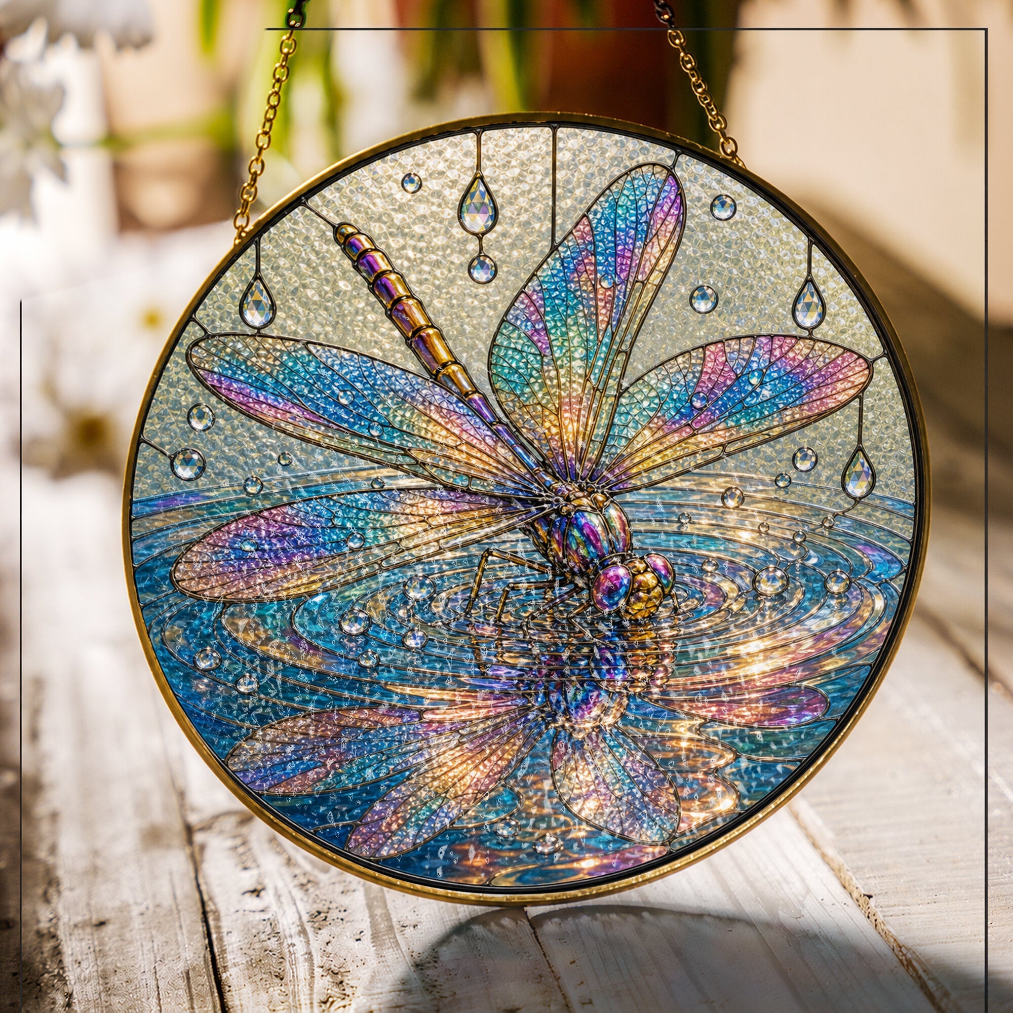 Iridescent Dragonfly on Water Stained Glass Suncatcher