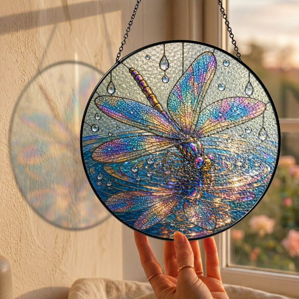 Iridescent Dragonfly on Water Stained Glass Suncatcher