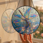 Iridescent Dragonfly on Water Stained Glass Suncatcher