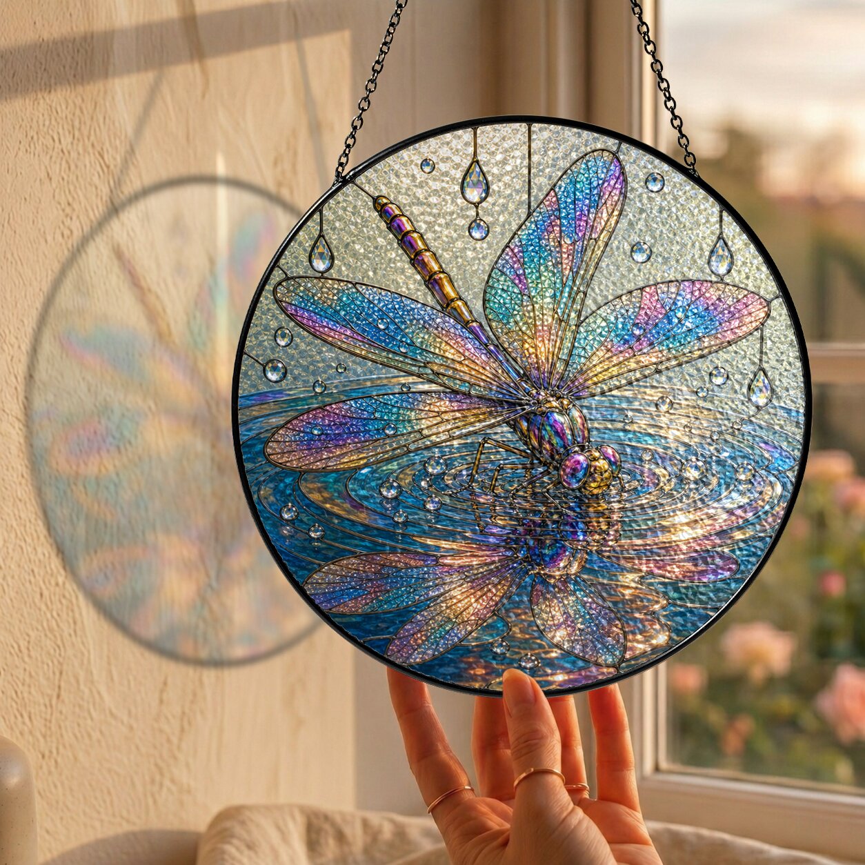 Iridescent Dragonfly on Water Stained Glass Suncatcher