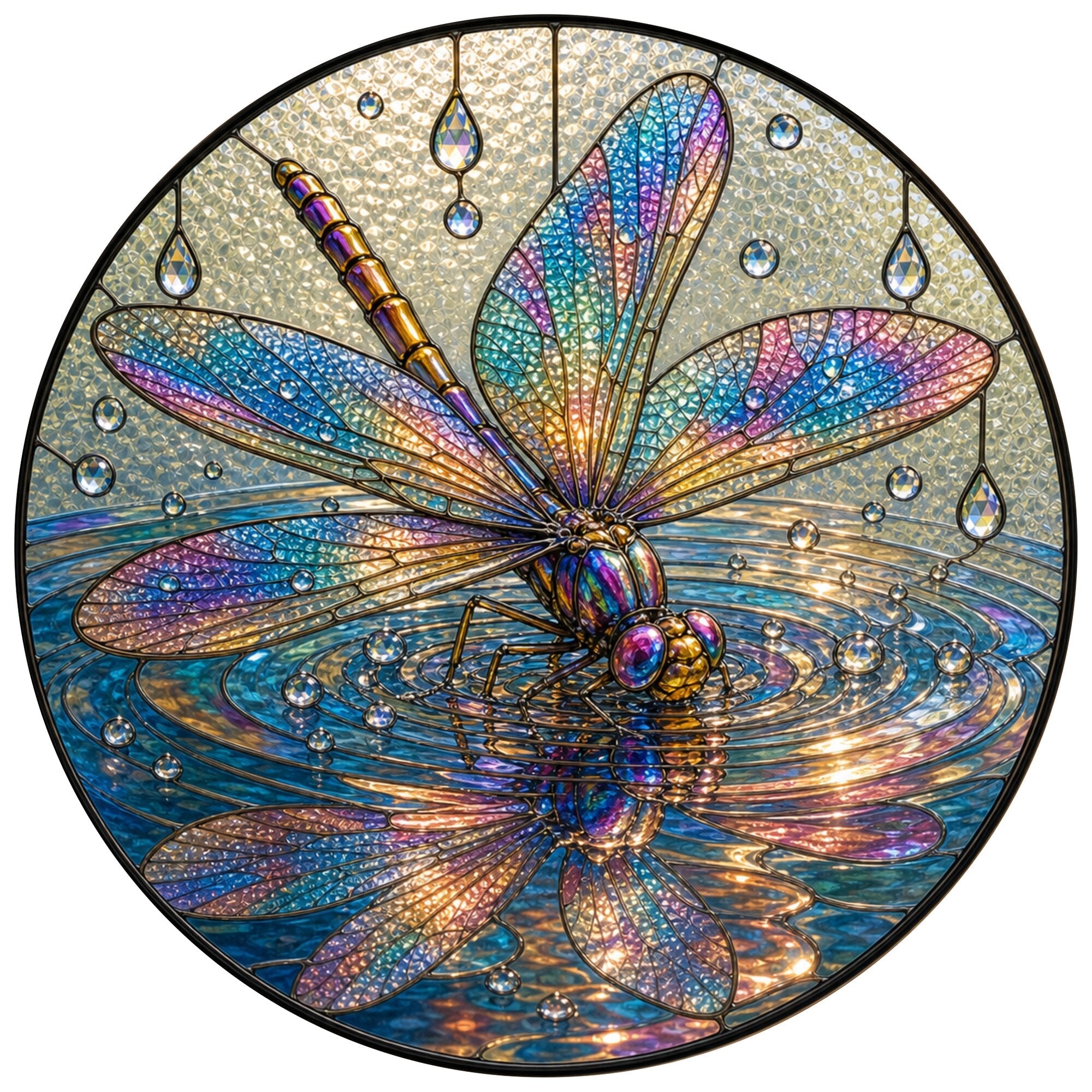 Iridescent Dragonfly on Water Stained Glass Suncatcher