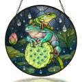 Two frogs on a lotus pod stained glass suncatcher