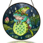 Two frogs on a lotus pod stained glass suncatcher