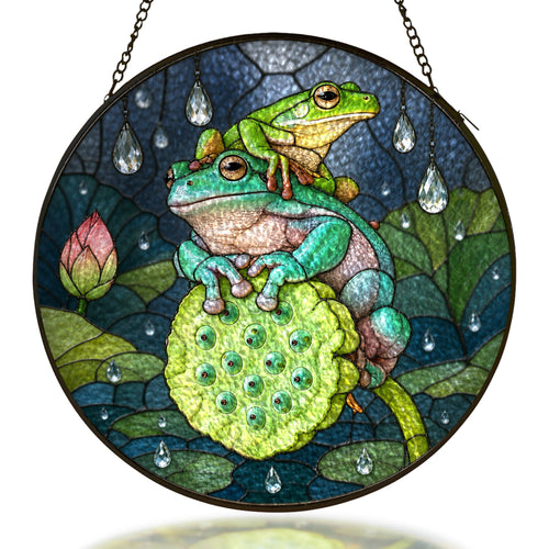 Two frogs on a lotus pod stained glass suncatcher