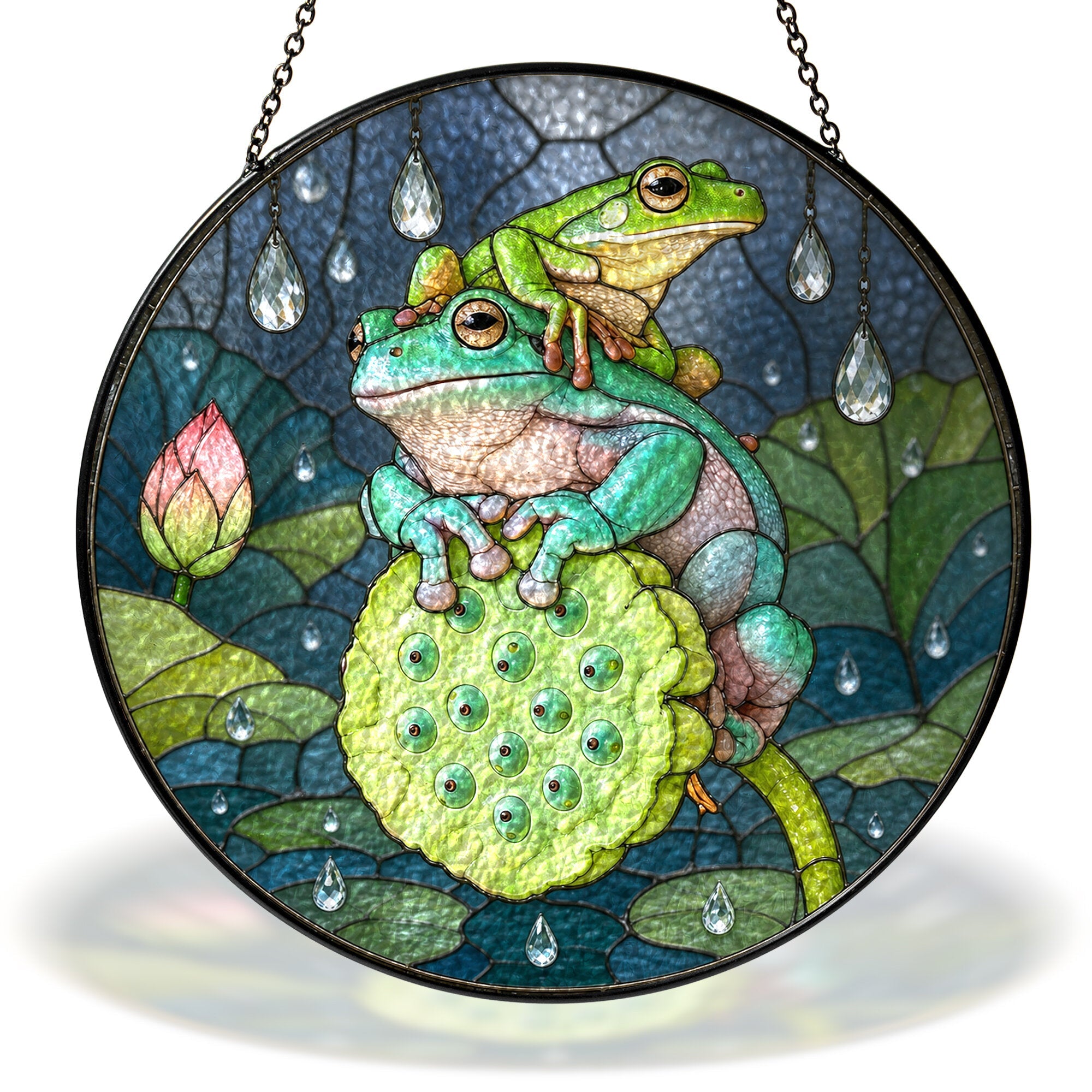 Frog Duo on Lotus Pod Stained Glass Suncatcher