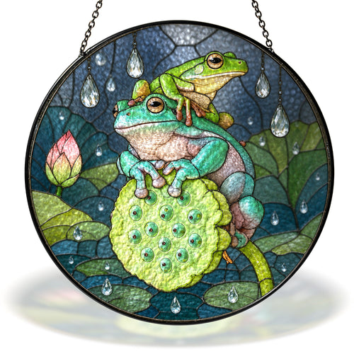 Frog Duo on Lotus Pod Stained Glass Suncatcher
