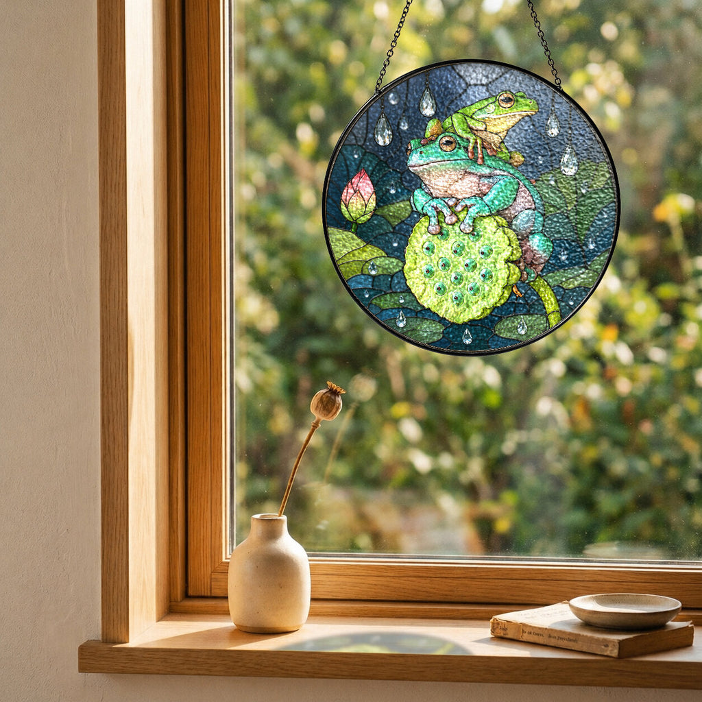 Frog Duo on Lotus Pod Stained Glass Suncatcher