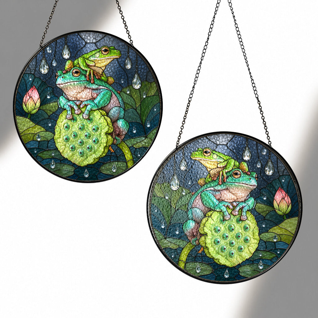 Frog Duo on Lotus Pod Stained Glass Suncatcher