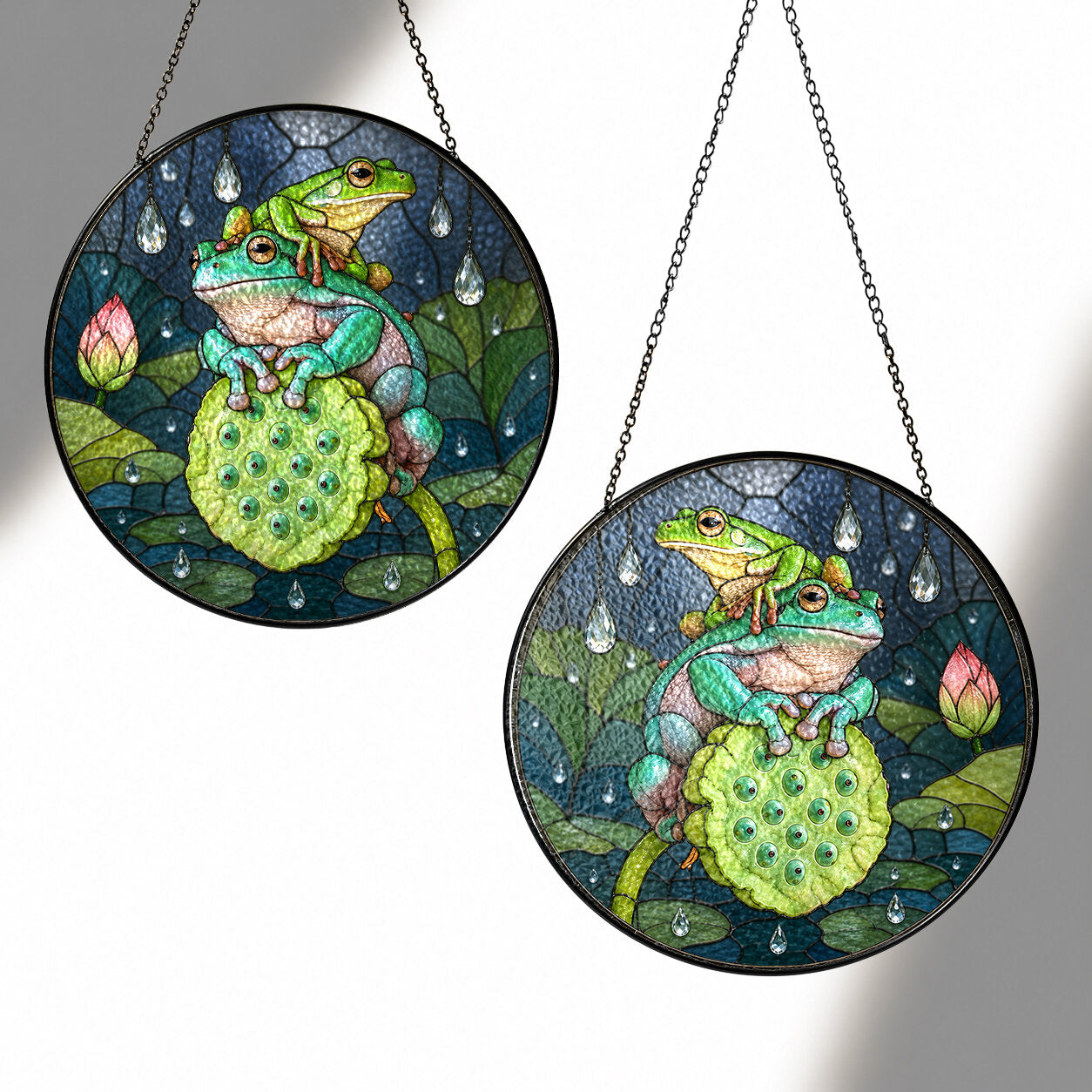 Frog Duo on Lotus Pod Stained Glass Suncatcher