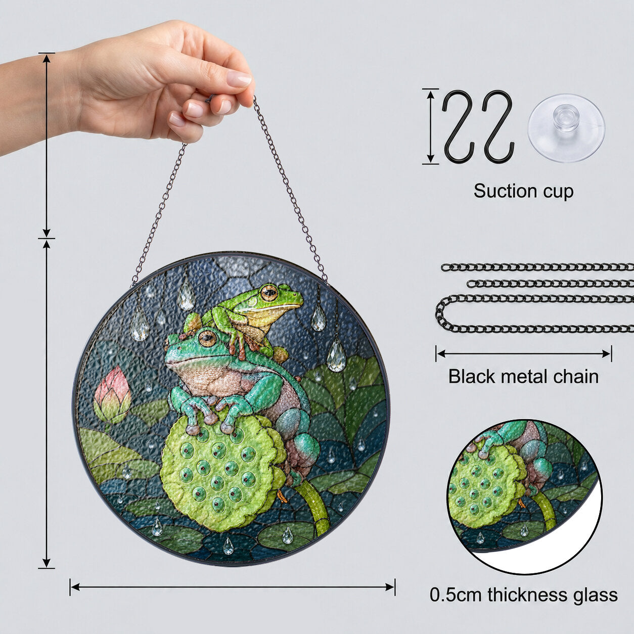 Frog Duo on Lotus Pod Stained Glass Suncatcher