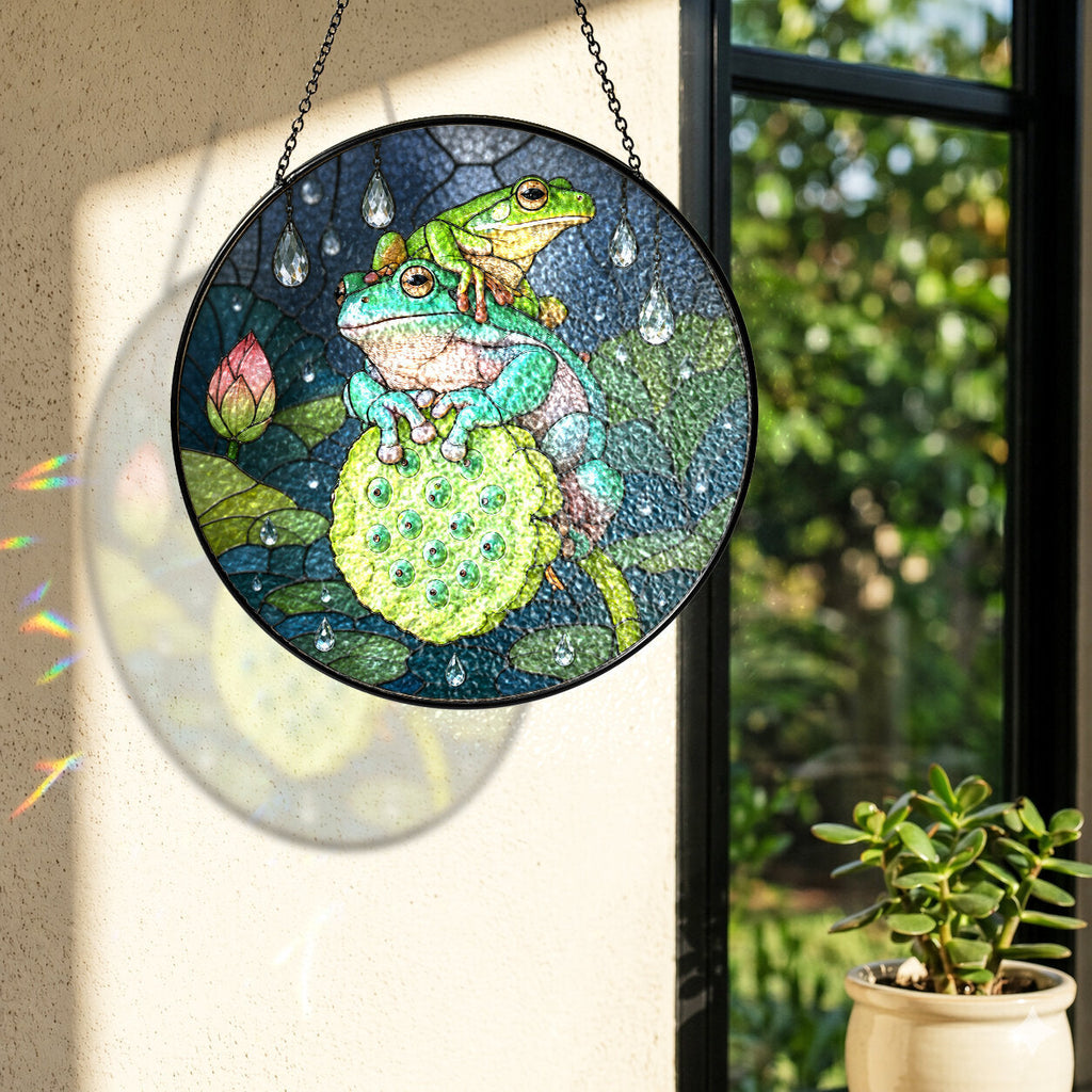 Frog Duo on Lotus Pod Stained Glass Suncatcher