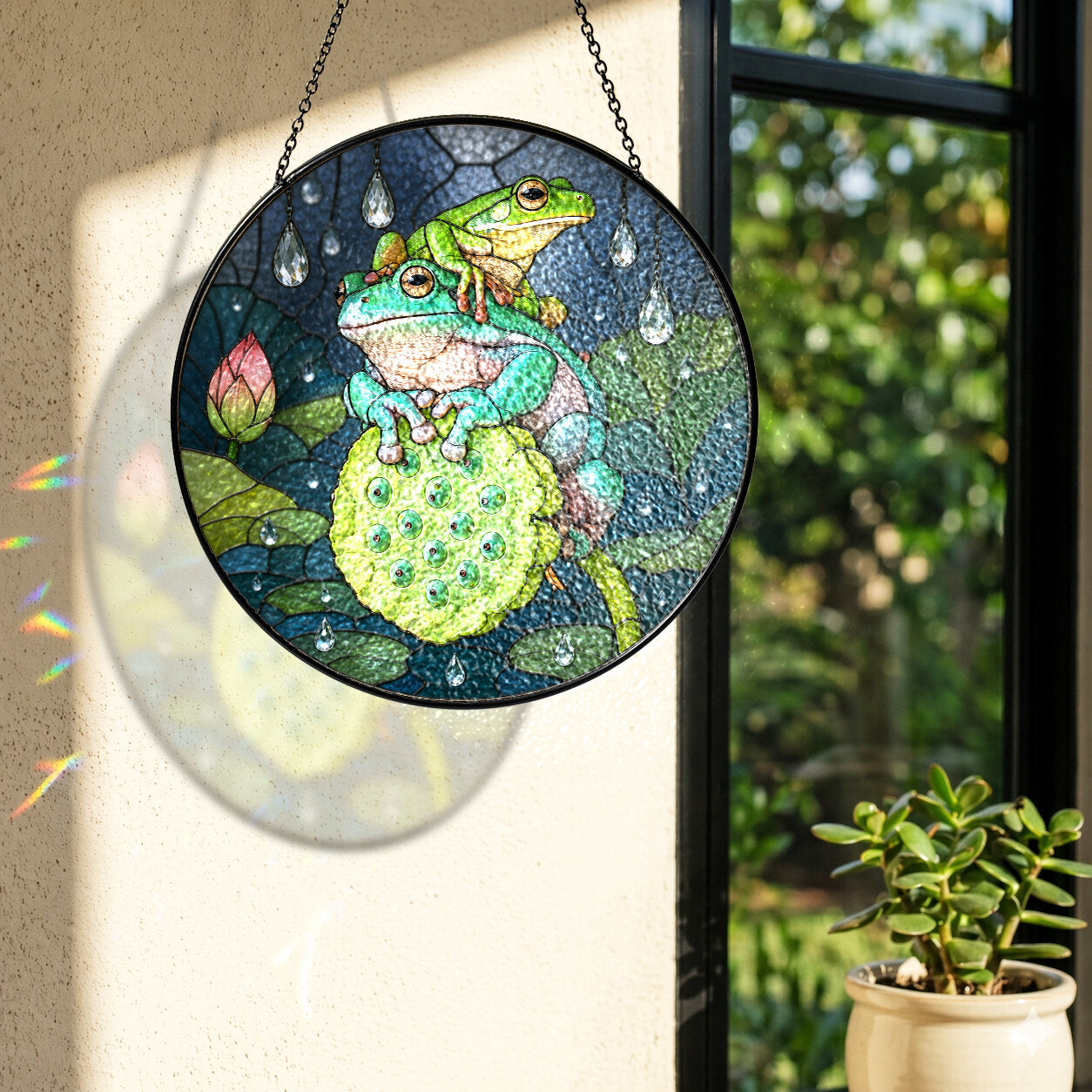 Frog Duo on Lotus Pod Stained Glass Suncatcher