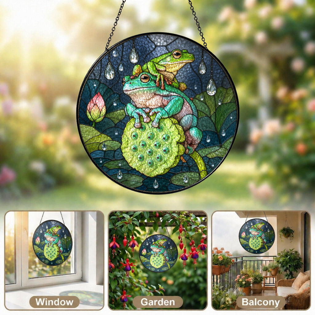 Frog Duo on Lotus Pod Stained Glass Suncatcher