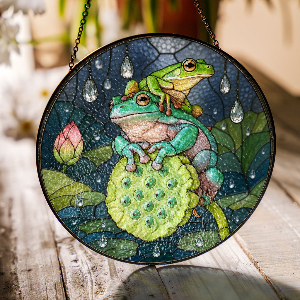 Frog Duo on Lotus Pod Stained Glass Suncatcher