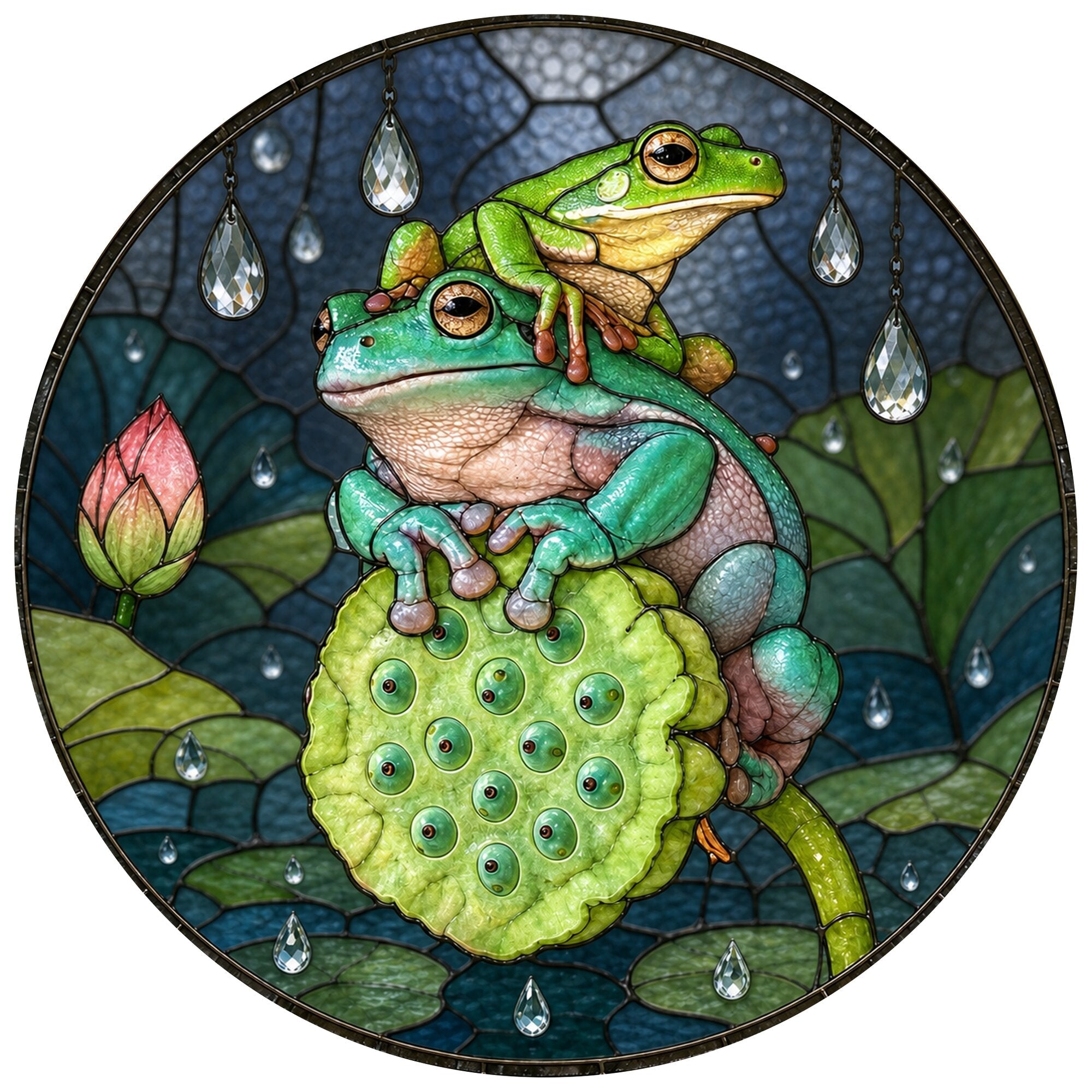 Frog Duo on Lotus Pod Stained Glass Suncatcher