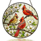 Three cardinals and dogwood blossom stained glass suncatcher