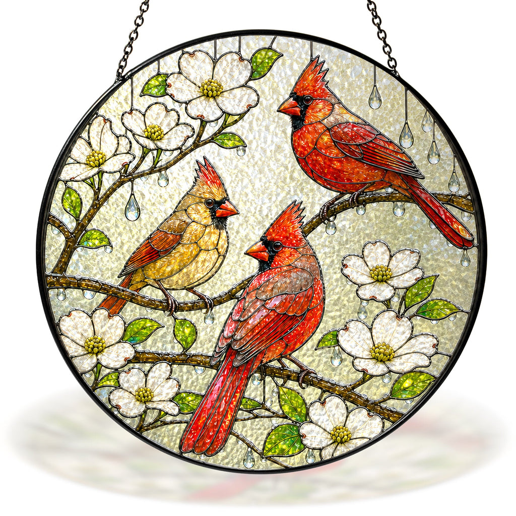 Cardinal Family & Dogwood Blossom Stained Glass Suncatcher