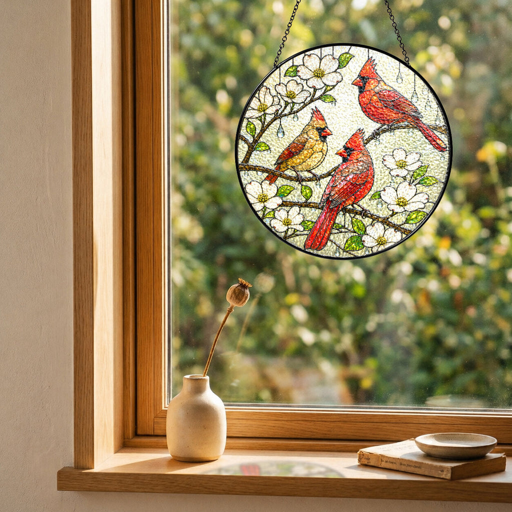 Cardinal Family & Dogwood Blossom Stained Glass Suncatcher