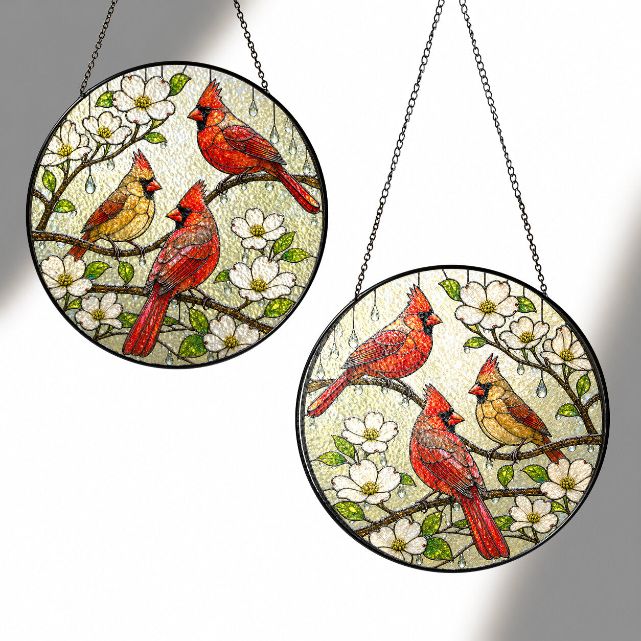 Cardinal Family & Dogwood Blossom Stained Glass Suncatcher