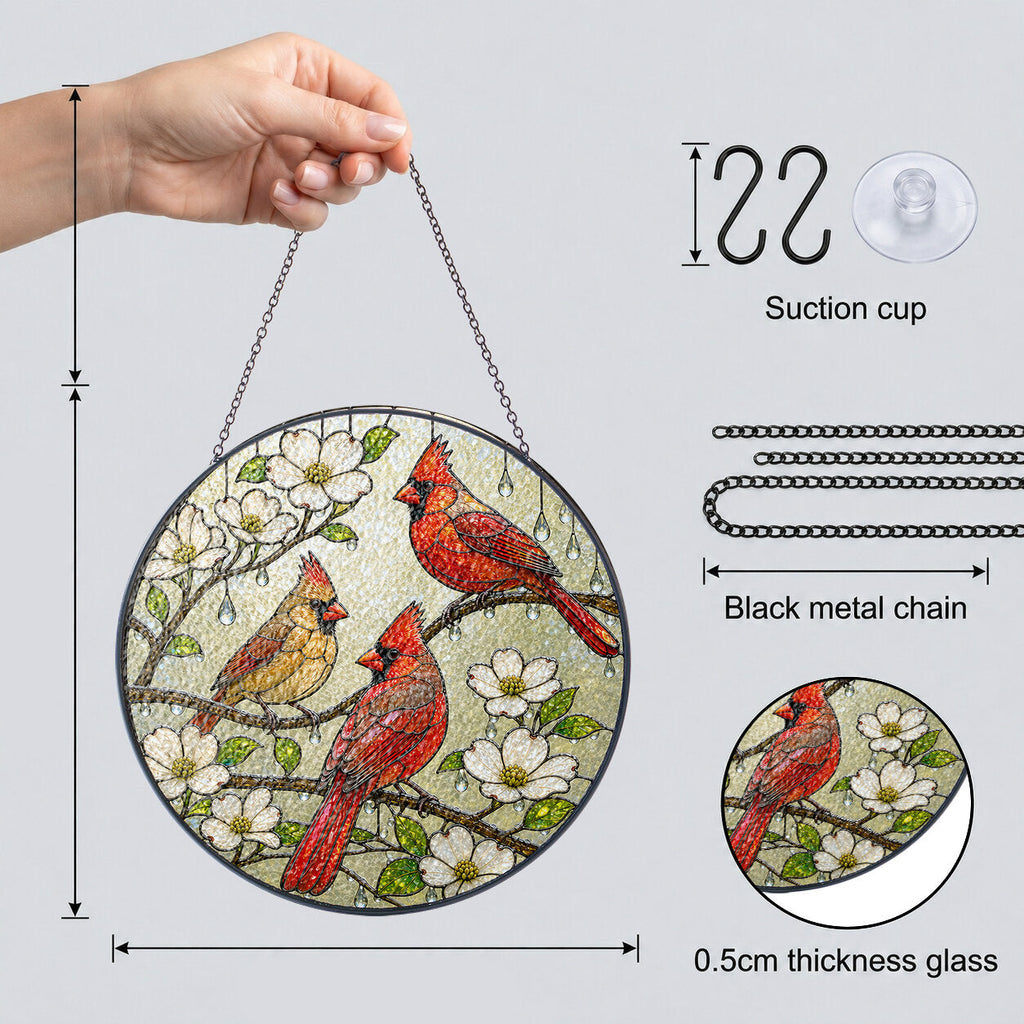Cardinal Family & Dogwood Blossom Stained Glass Suncatcher