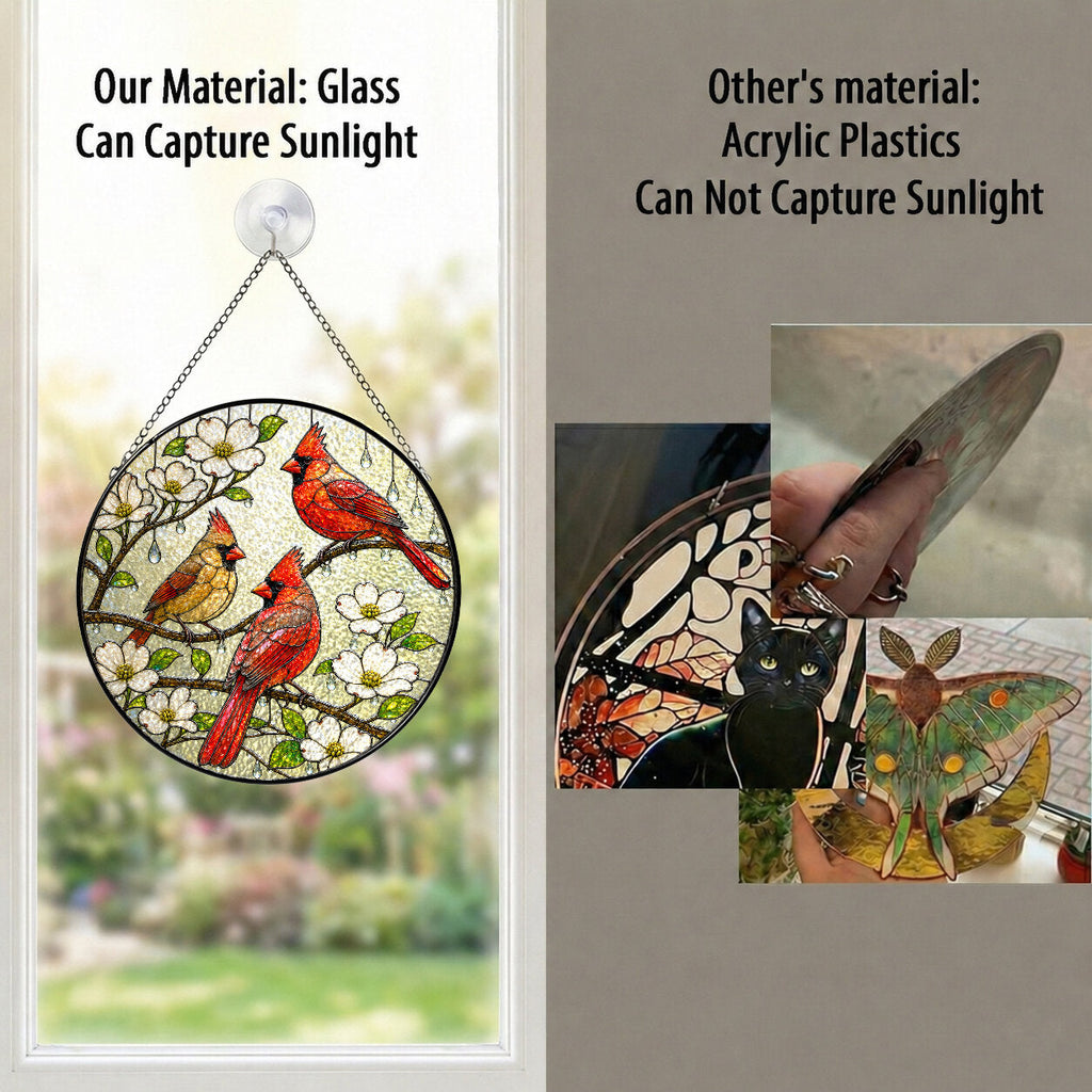 Cardinal Family & Dogwood Blossom Stained Glass Suncatcher