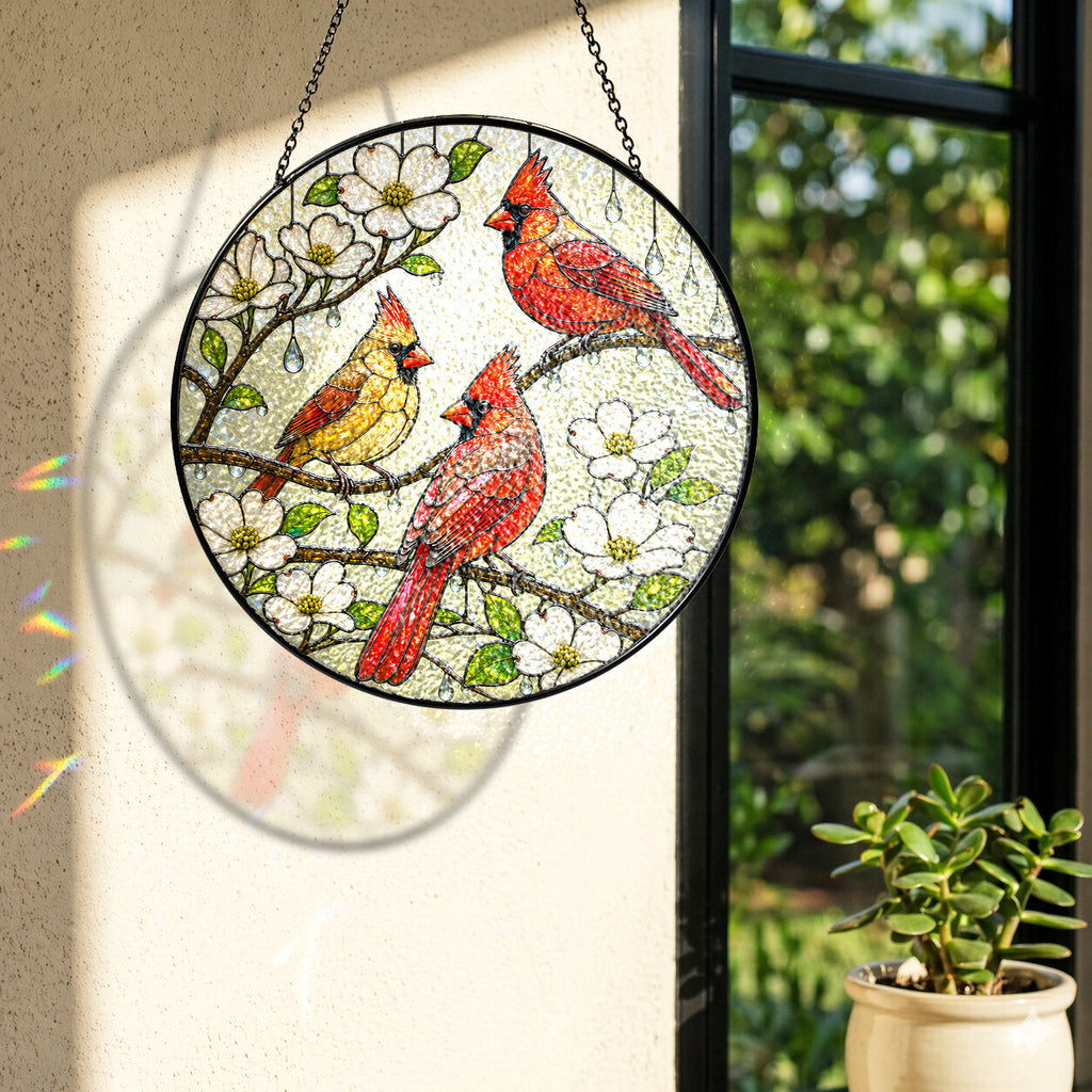 Cardinal Family & Dogwood Blossom Stained Glass Suncatcher