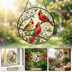 Cardinal Family & Dogwood Blossom Stained Glass Suncatcher