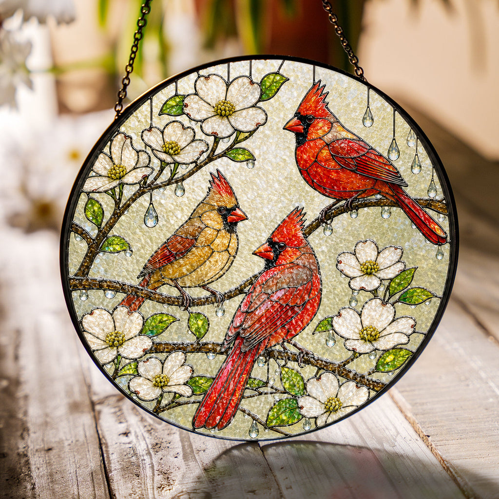 Cardinal Family & Dogwood Blossom Stained Glass Suncatcher