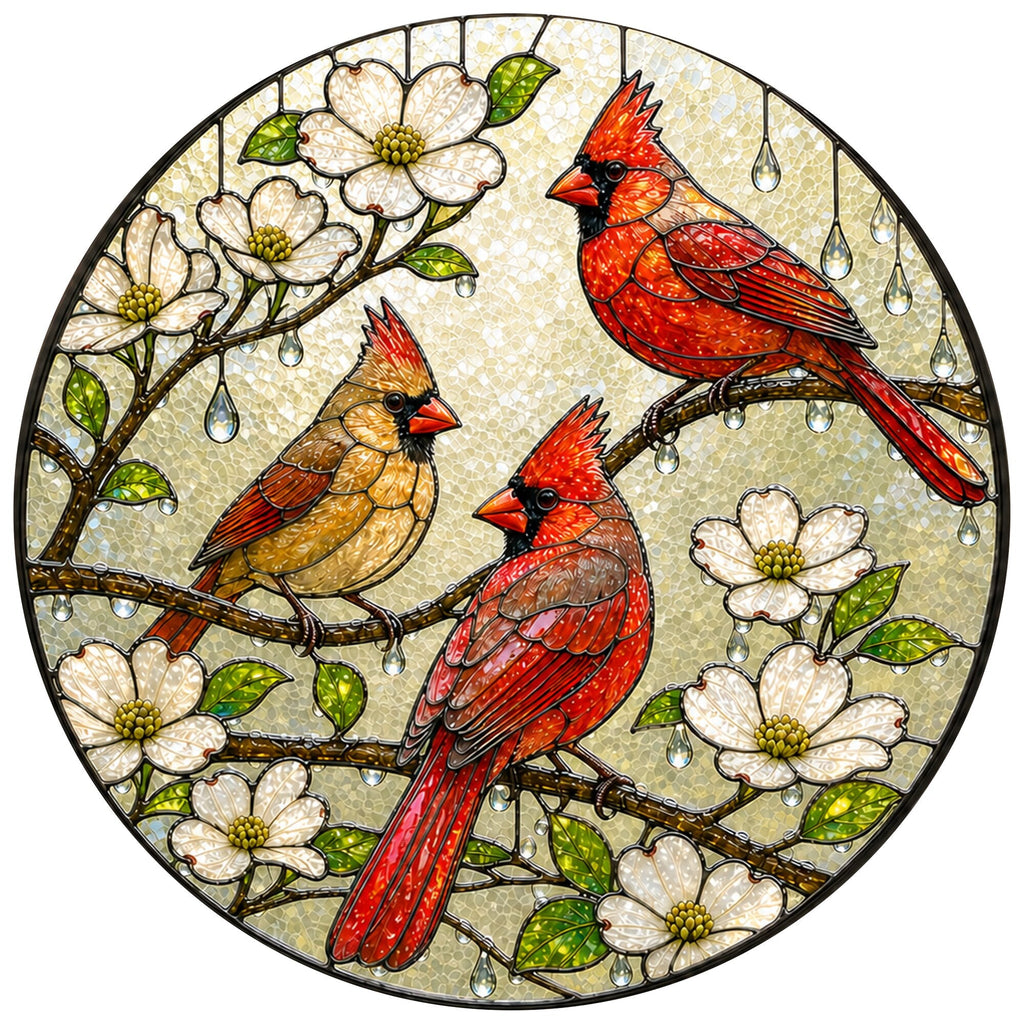 Cardinal Family & Dogwood Blossom Stained Glass Suncatcher