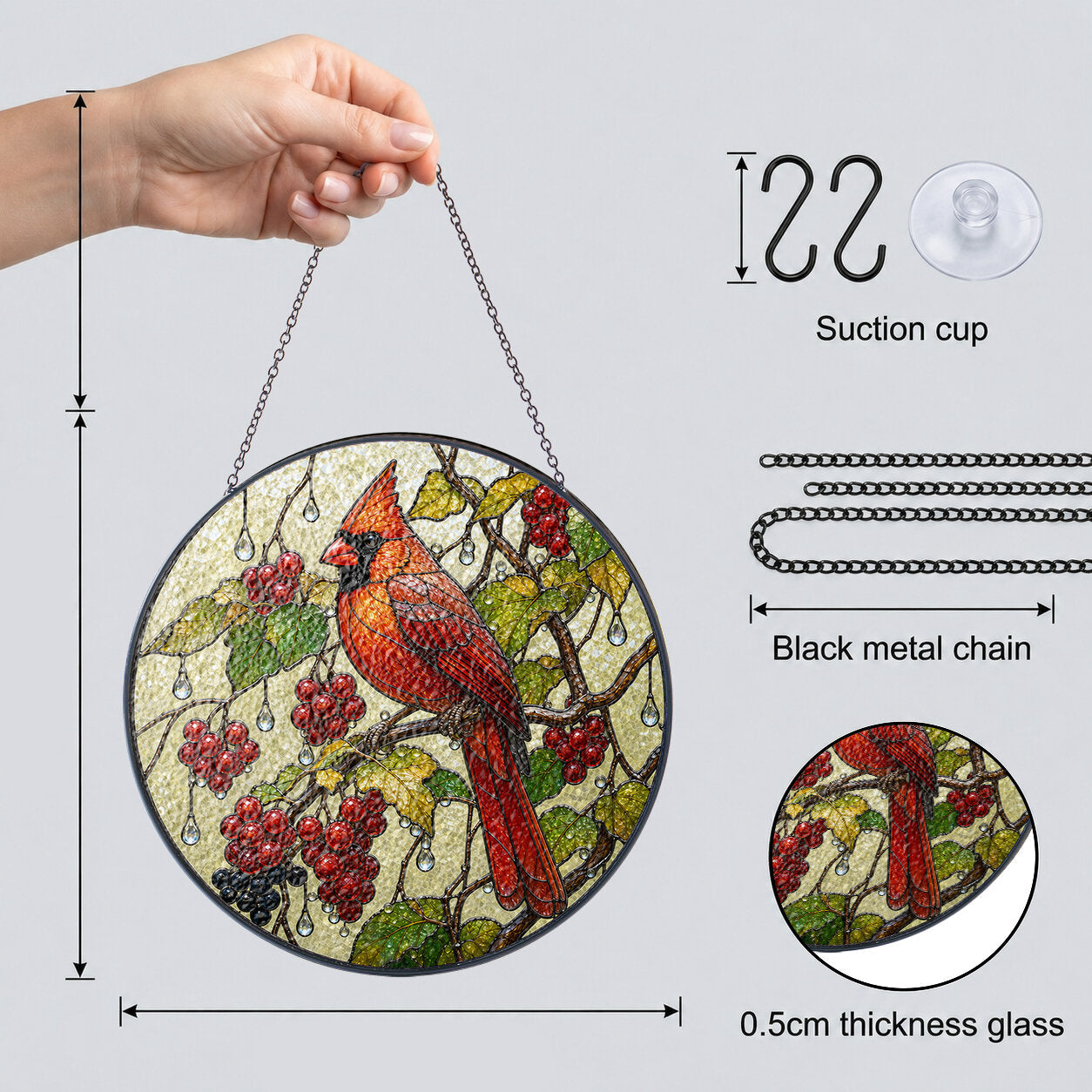 Cardinal and red winter berries stained glass suncatcher