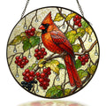 Cardinal & Winter Berries Stained Glass Suncatcher