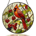Cardinal & Winter Berries Stained Glass Suncatcher