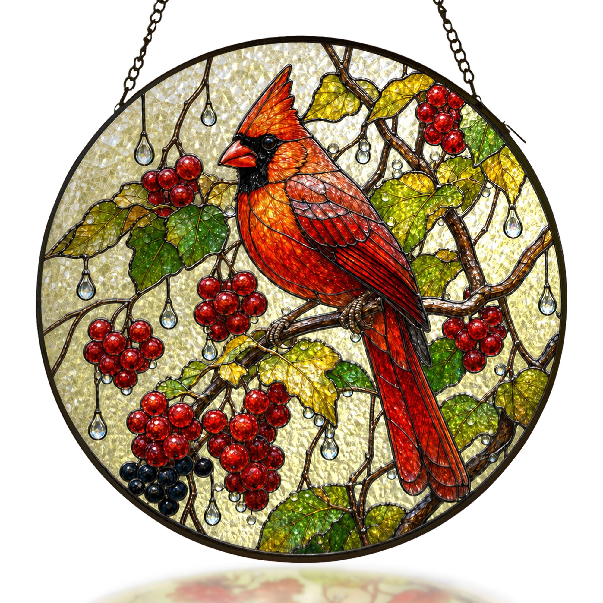 Cardinal & Winter Berries Stained Glass Suncatcher