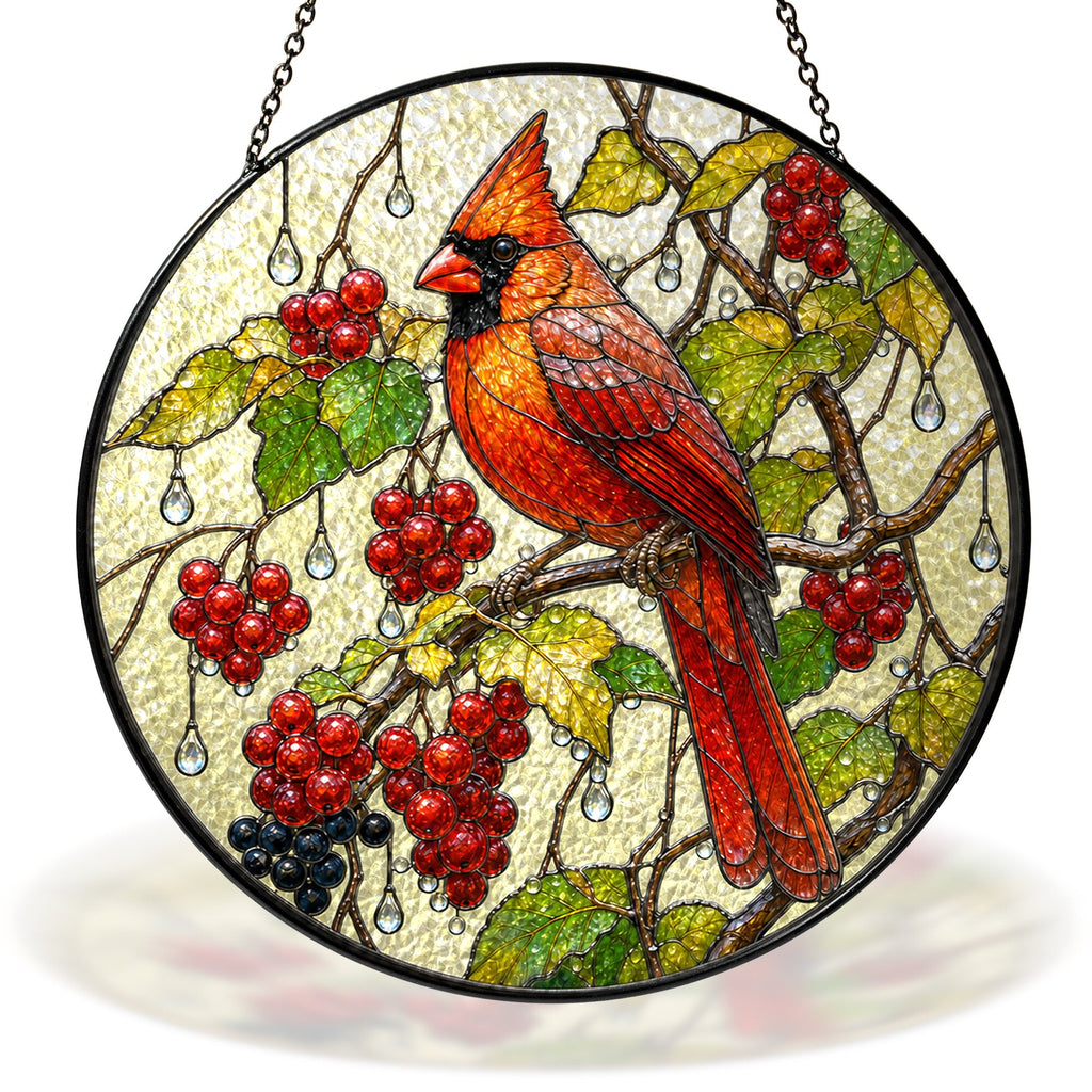 Cardinal & Winter Berries Stained Glass Suncatcher