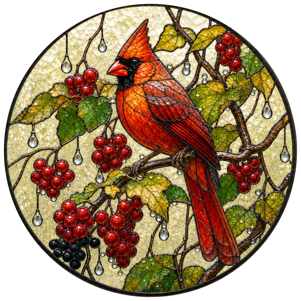 Cardinal & Winter Berries Stained Glass Suncatcher
