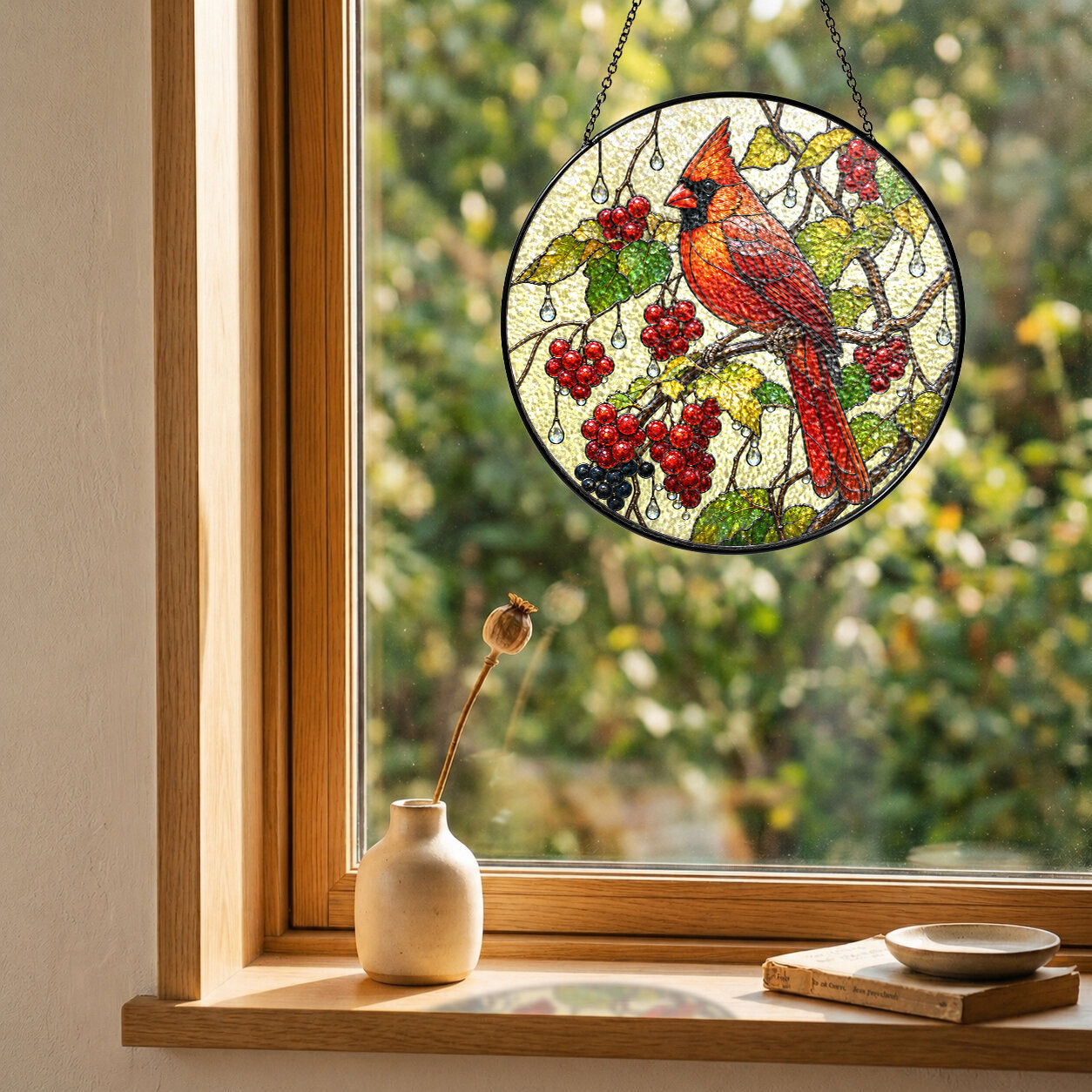 Cardinal & Winter Berries Stained Glass Suncatcher