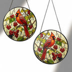 Cardinal & Winter Berries Stained Glass Suncatcher