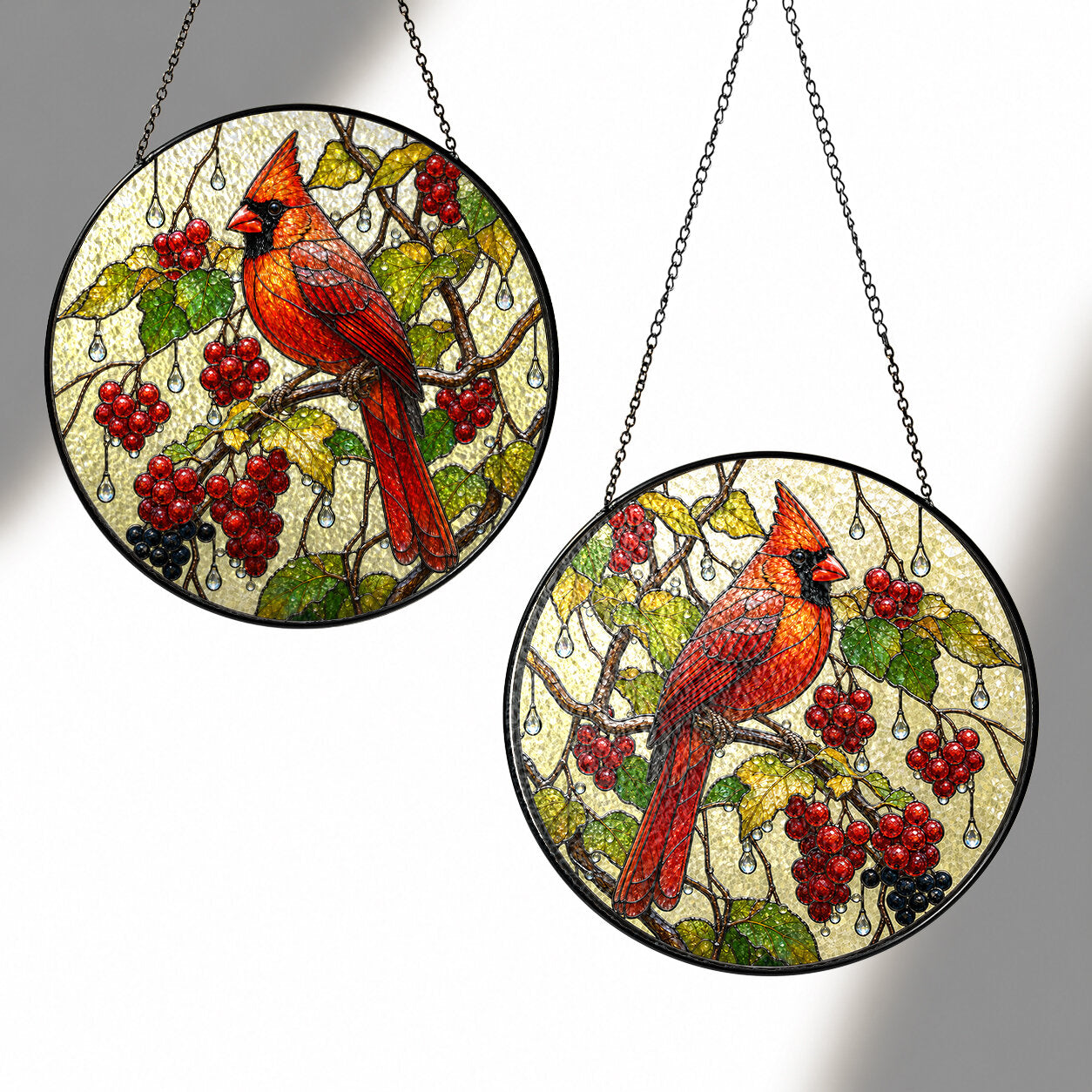 Cardinal & Winter Berries Stained Glass Suncatcher