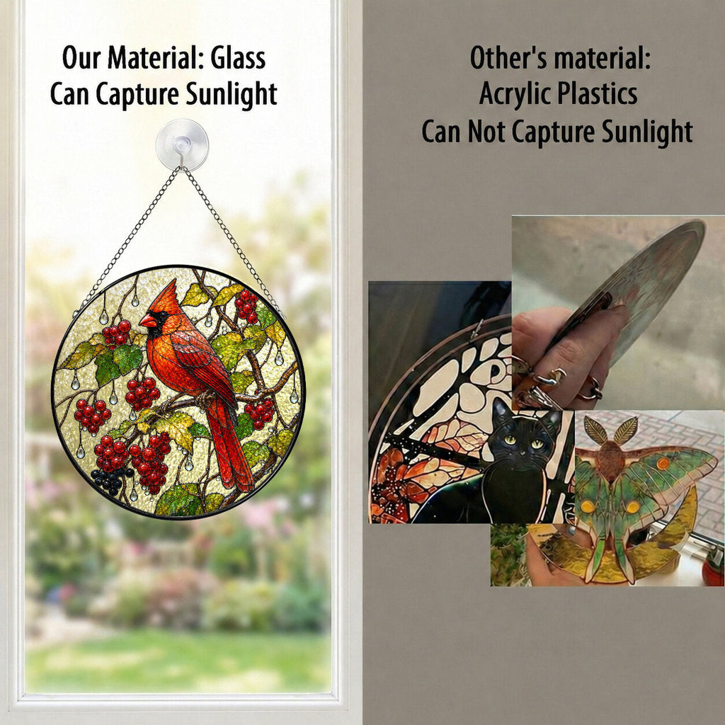 Cardinal & Winter Berries Stained Glass Suncatcher