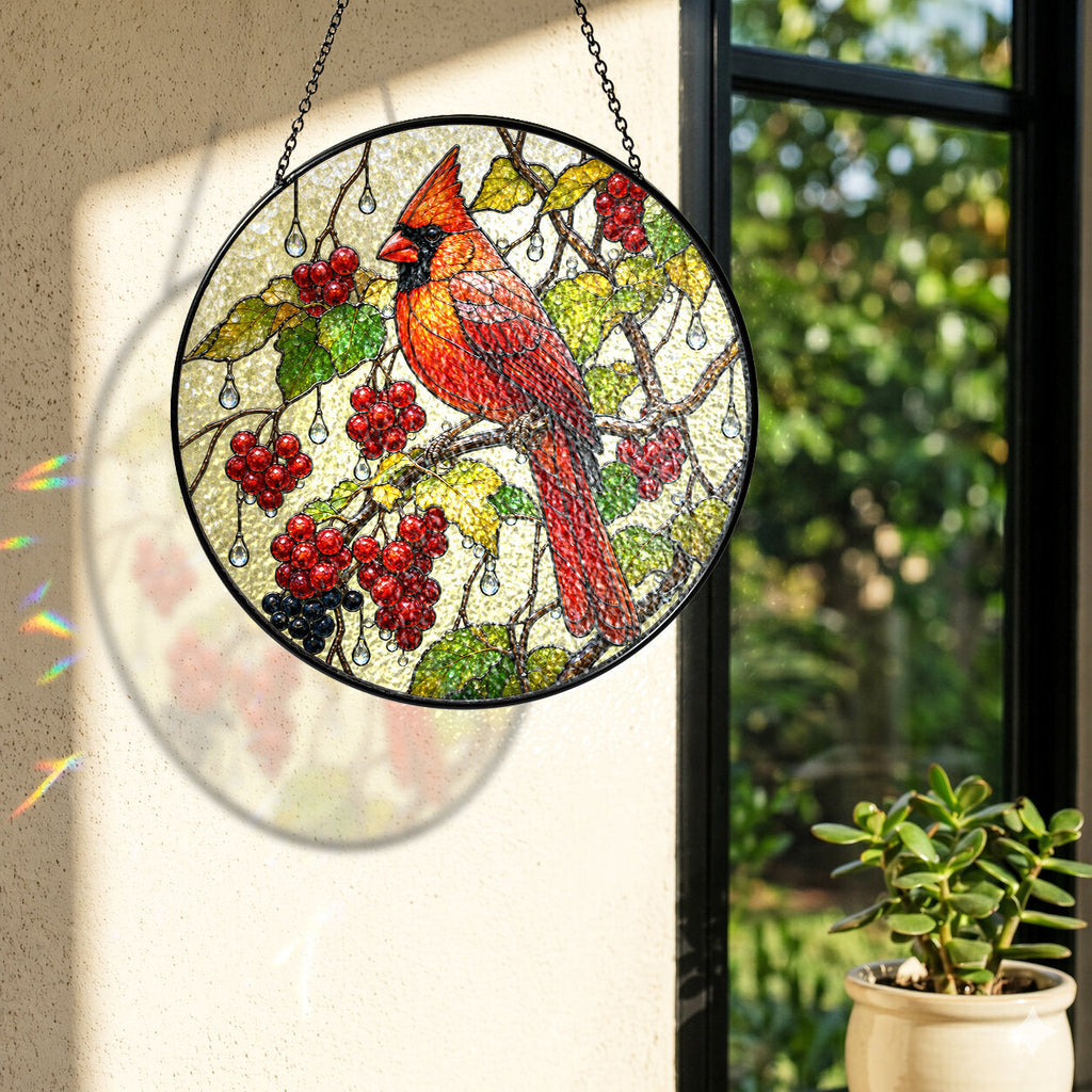 Cardinal & Winter Berries Stained Glass Suncatcher
