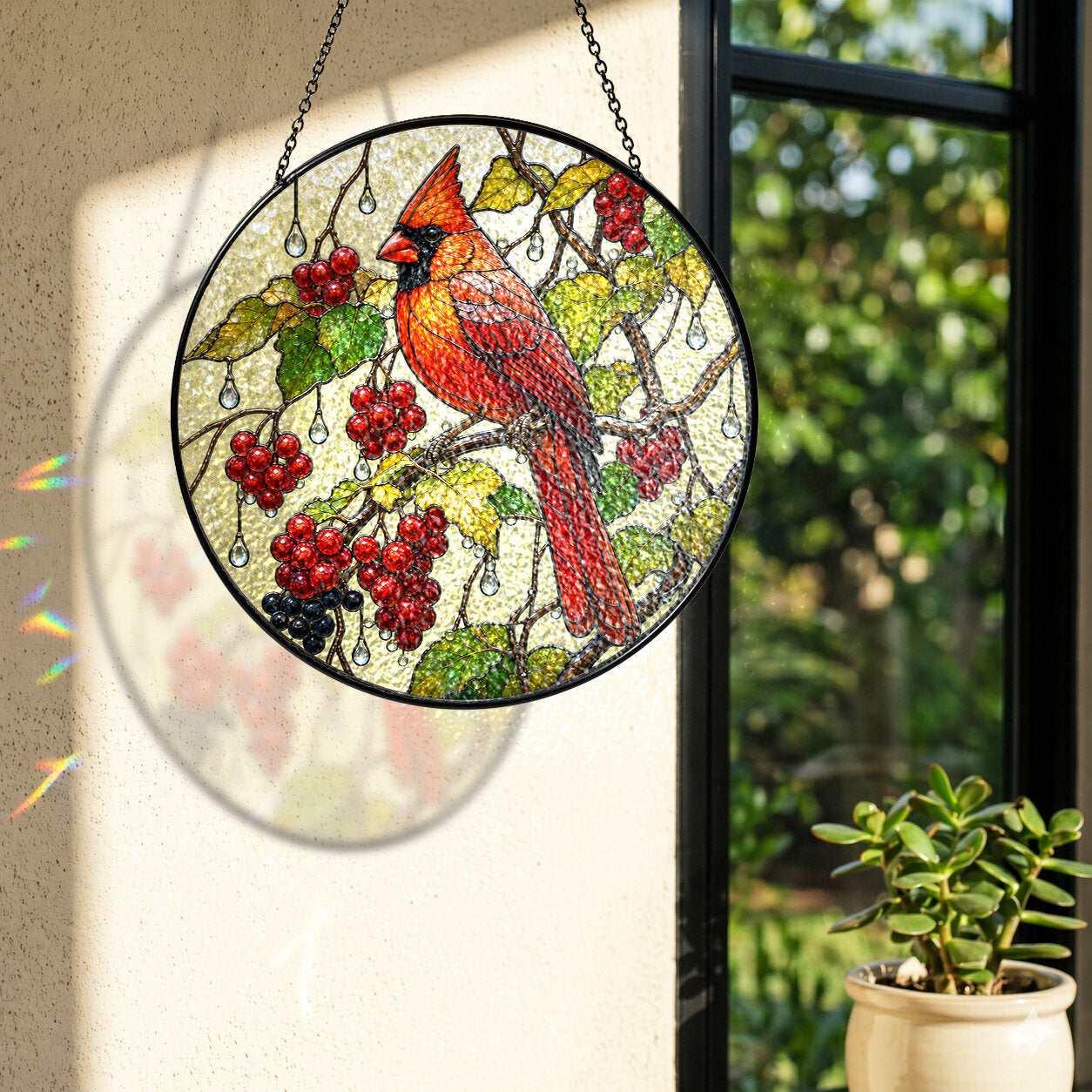 Cardinal & Winter Berries Stained Glass Suncatcher